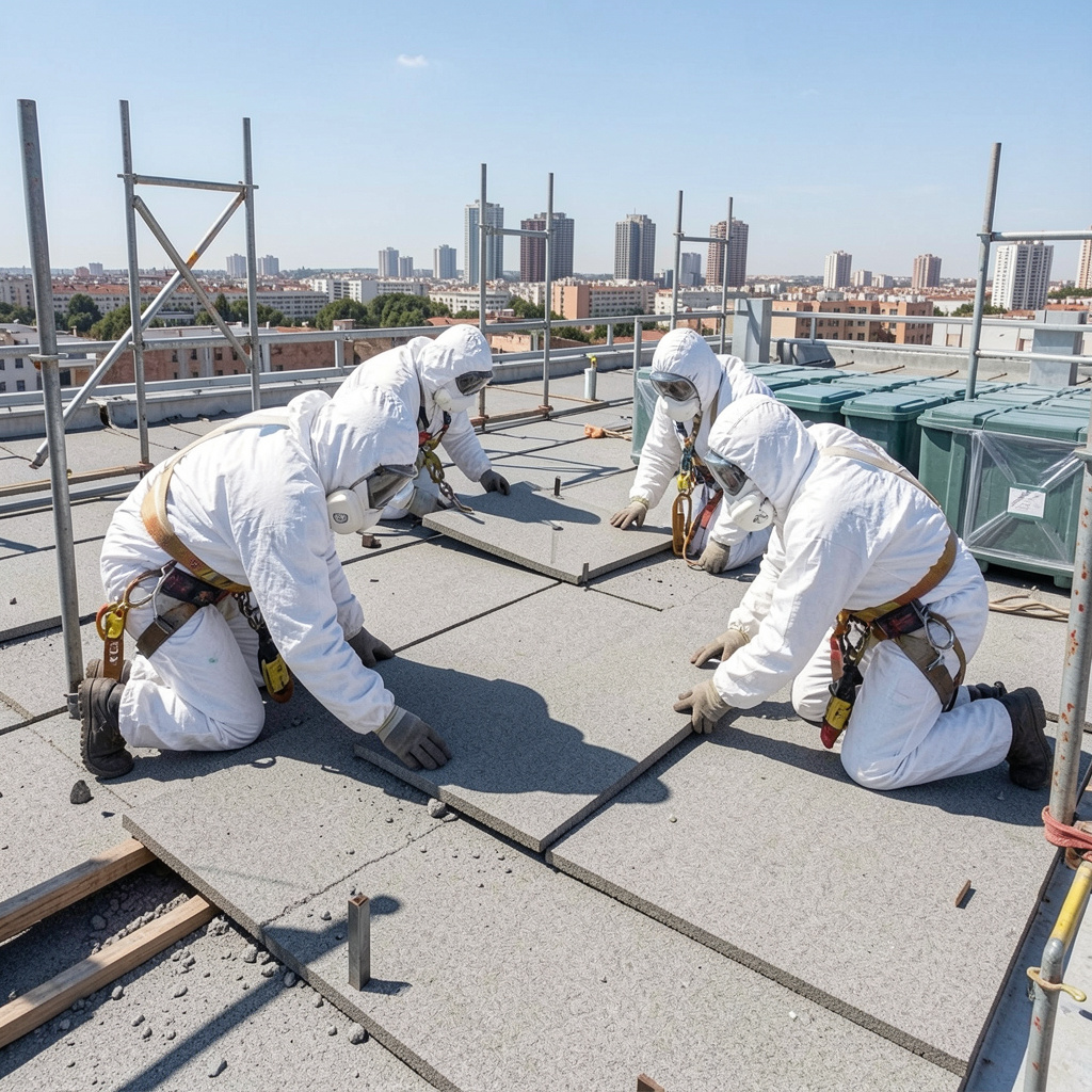 Equipo Cosyval desmontando cubierta fibrocemento